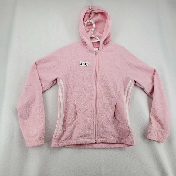 Adidas Shirt Women's L/S Full Zip Hooded Sweatshirt Three Stripe Fleece Pink Sm - Picture 8 of 12